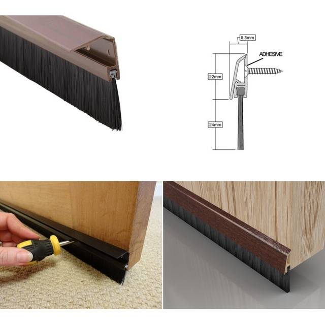 (Dark Wood) Stormguard Concealed Fixed Brush Bottom Door Seal - Draught Excluder Door Strip