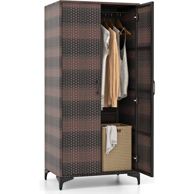 Wicker Wardrobe PE Rattan Wardrobe Armoire Closet w/ Hanging Rod-Coffee