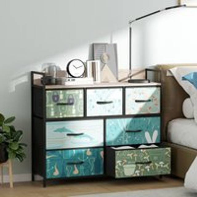Homcom 7-drawer Chest Of Drawers, Fabric Dresser With Open Shelf, Blue