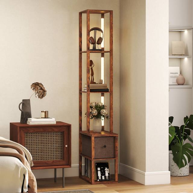 (Brown) HOMCOM Floor Lamp with Shelves, LED Standing Lamp with Fabric Drawer