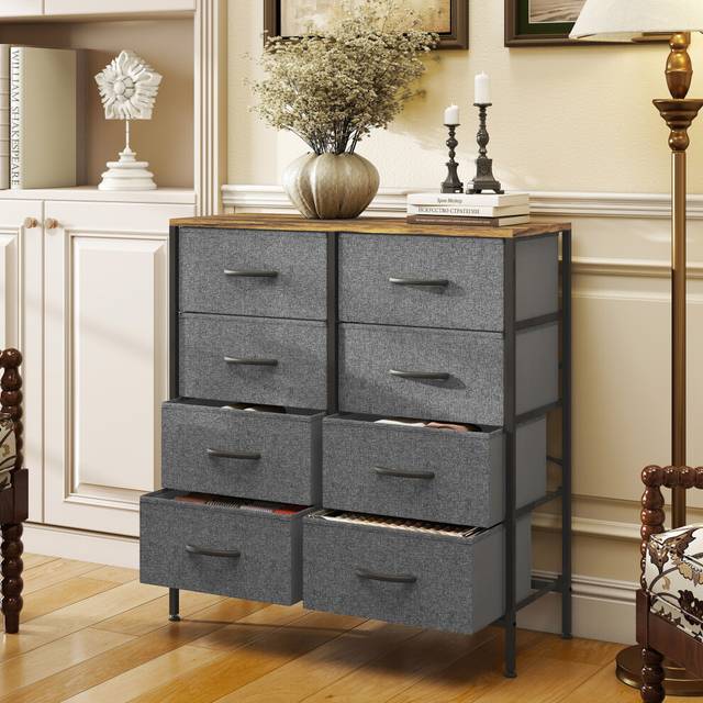 Homcom 8 Drawer Fabric Chest Of Drawers With Wooden Top, Rustic Brown