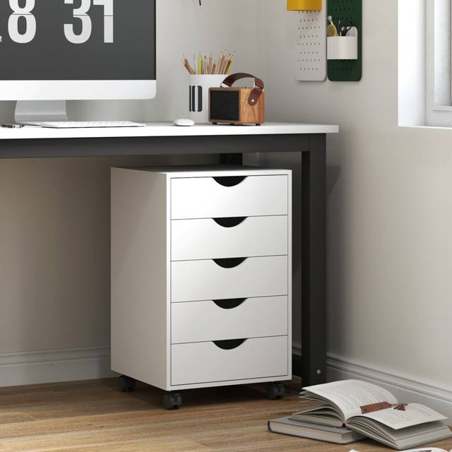 HOMCOM Mobile Vertical Filing Cabinet with 5 Drawers for Home Office, White, White