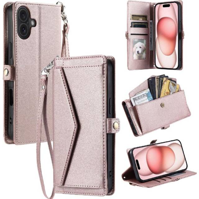 (Pink) Wallet Crossbody Case for iphone 16 Plus Card Holder Rfid Blocking Zipper Bills Slot Wallet Case for Women
