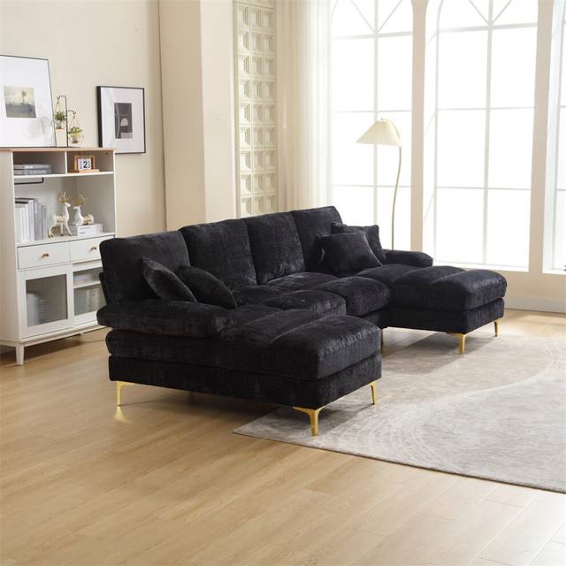 (Black) U-Shaped Chenille Fabric Lounge with Double Chaise