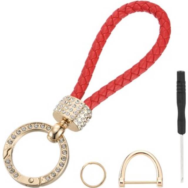 Weave Keychain Ring Braided Rope Leather Keychain (red/gold)
