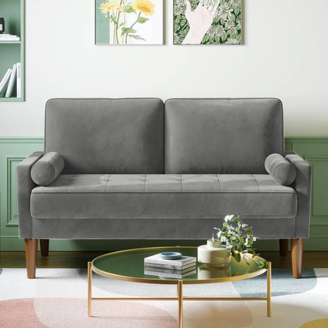 Vesgantti Small 2 Seater Sofa Grey, Comfy Sofa Couch with Spring Cushion, Velvet Sofa with Wood Legs, Modern Love Seat Sofa, Sofa 2 Seater for Living