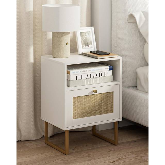 HEYZOEY Rattan Bedside Table,Modern Boho Farmhouse Wood Nightstand with Storage Drawer and Open Shelf,Small Gold Frame Side Table for Bedroom,Living