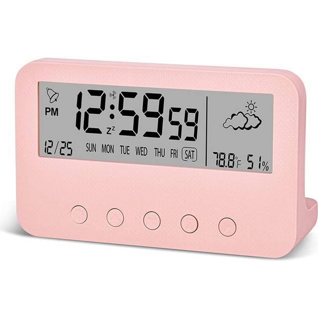 Digital Alarm Clock for Bedrooms,Battery Operated Desk Clock,with Countdown,Weather,Night Light,Date,Temperature (Pink)