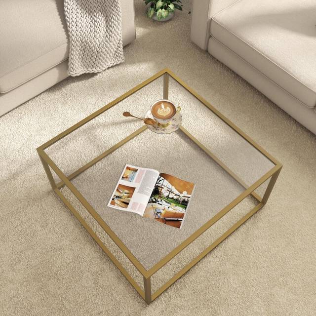 SAYGOER Gold Coffee Table Glass Modern Coffee Tables for Small Space Simple Square Center Table for Living Room Home Office 68 x 68 x 40cm, Easy
