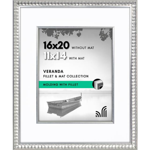 Americanflat 16x20 Picture Frame with Decorative Inner Mat Accent - Displays 11x14 Photos with Mat or 16x20 Without - Veranda Collection - Silver Vint
