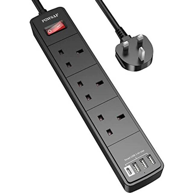 Extension Lead with 4 USB Slots (3.4A, 1 Type C and 3 USB-A Ports),POWSAF Power Strip Surge Protector with 3 way plug extension Socket and 2M