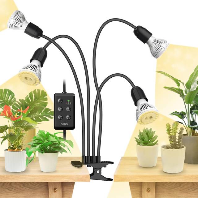 600W LED Grow Lights for Indoor Plants, Lifetime Free E27 Grow Bulb Replacement, Full Spectrum 4-Gooseneck Clip Plant Grow Lamp with Timer 4/8/12 Hrs