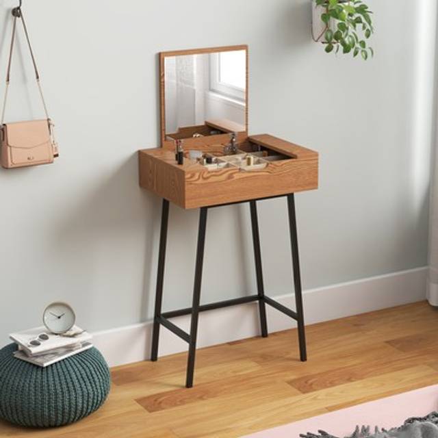 Homcom Vanity Desk With Flip-up Mirror, Industrial Dressing Table With 16 Small Compartments For Bedroom, Natural Wood Effect
