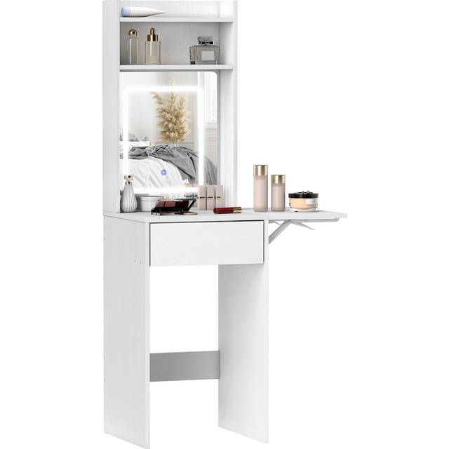 Homcom - Compact Dressing Table with Lighted Mirror Open Shelves Drawer White