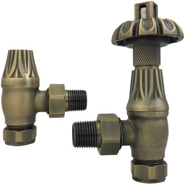 (Antique Brass) Warmehaus Traditional Antique Style Brass Thermostatic Radiator Valve Lockshield Heated Towel Rail Angled TRV