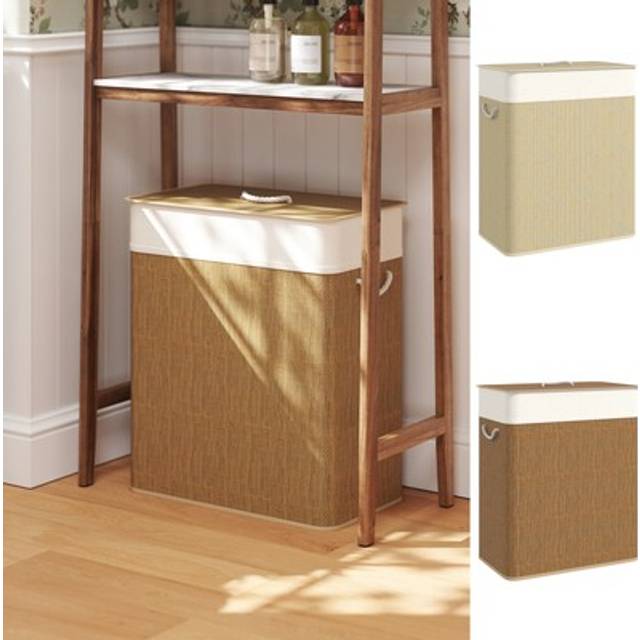 Homcom Double Laundry Basket With Lid, 100l Bamboo Laundry Hamper With Rope Handles, Washing Basket With Removable Liner For Bathroom, Bedroom, Brown