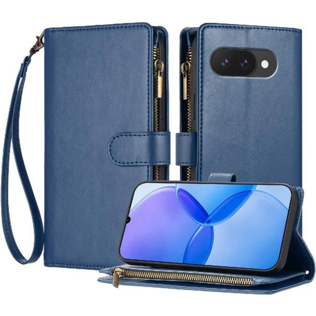 (Blue) Case for Google Pixel 9a Folio Flip Wallet Zipper Pu Leather Handbag Cover Card Slots