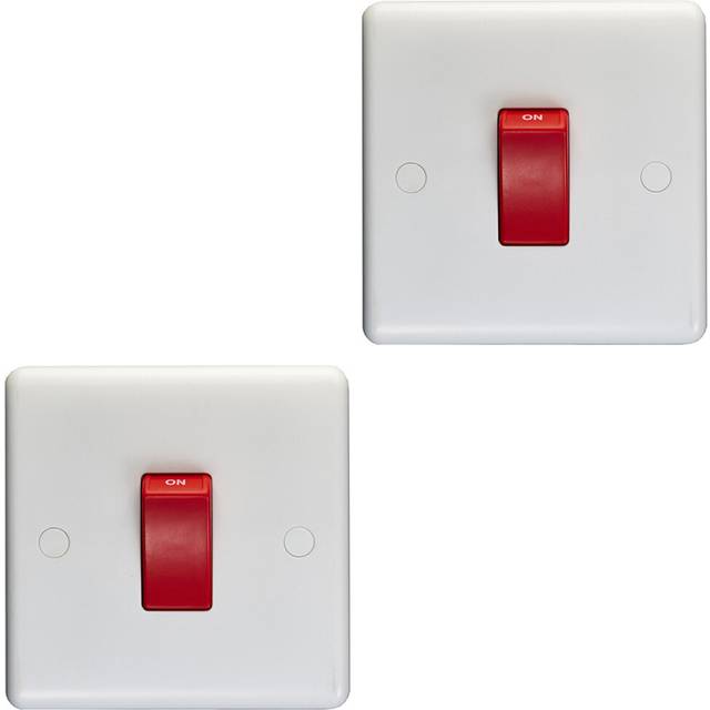 2 PACK 1 Gang Single 45A DP Cooker Switch - WHITE PLASTIC Rocker Oven Appliance