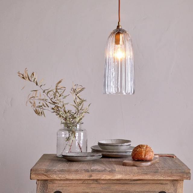 Nkuku Lumina Fluted Clear Glass Pendant with Antique Brass Detail