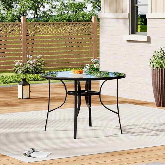 Tempered Glass Outdoor Coffee Table with Parasol Hole - Black (Large)