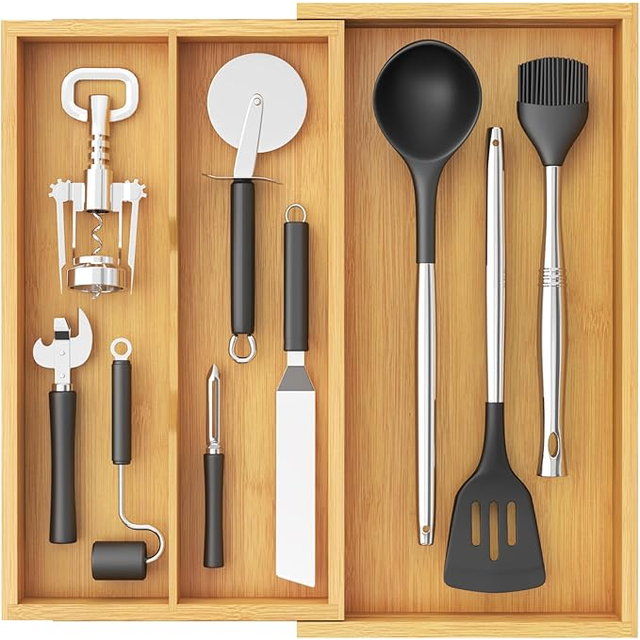 Lifewit Cutlery Drawer Organiser, 3 Compartment Cutlery Tray Bamboo