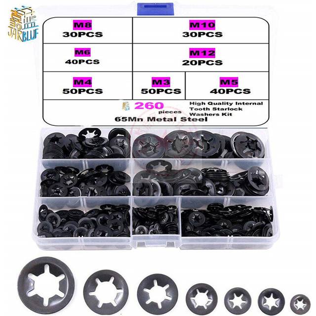 260Pcs M3 M4 M5 M6 M8 M10 M12 Push-on Locking Washers Star Nut Metal Quick Speed Star Nut Locking Fastener Assorted Kit