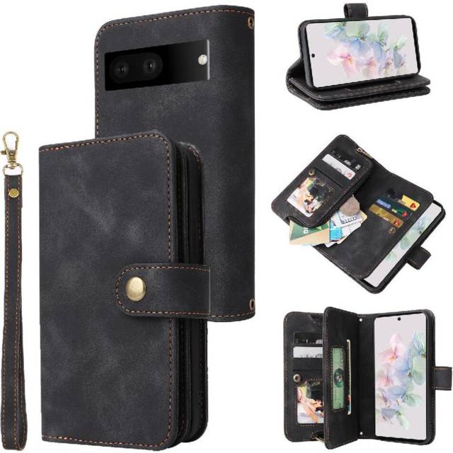 (Black) Flip Case for Google Pixel 7 Flip Wrist Strap Shockproof Card Slots Multifunctional Wallet