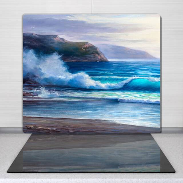 Chopping board glass worktop kitchen oil painting coast waves ocean 60x52 cm