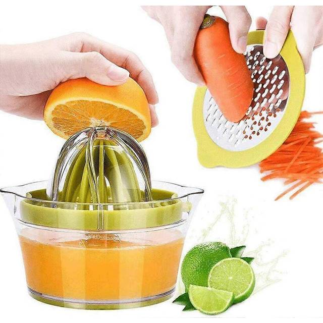 (As show, One size) Manual Juicer Citrus Lemon Orange Hand Squeezer with Built-in Measuring Cup and Grater, 12OZ, Green