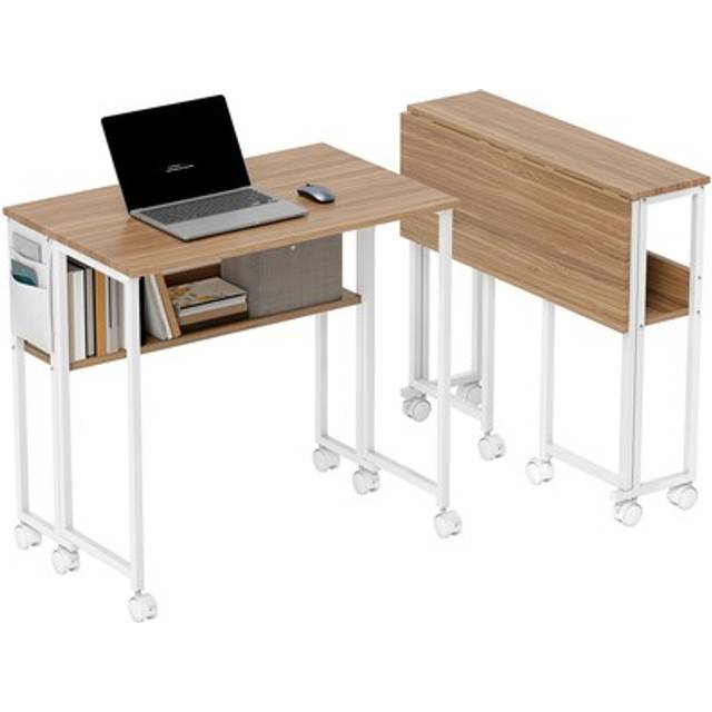 Homcom 80 Cm Foldable Computer Desk On Wheels For Small Spaces Natural