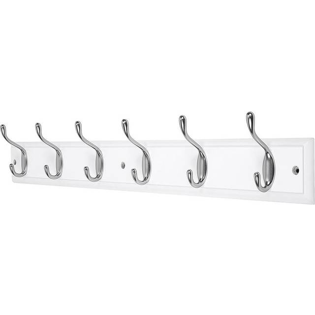 6-Satin Nickel Hooks on White Wooden Board Wall Mounted Coat Hook Rack Hanger