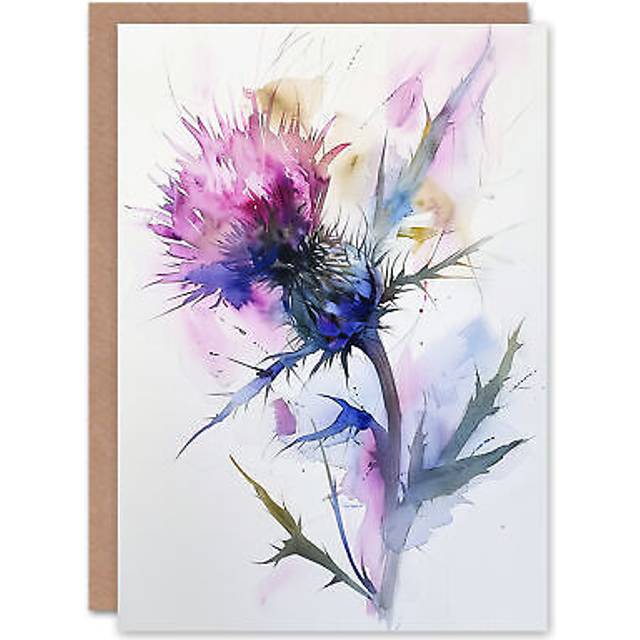 Greeting Card Thistle Flower Bloom Soft Watercolour Painting Birthday