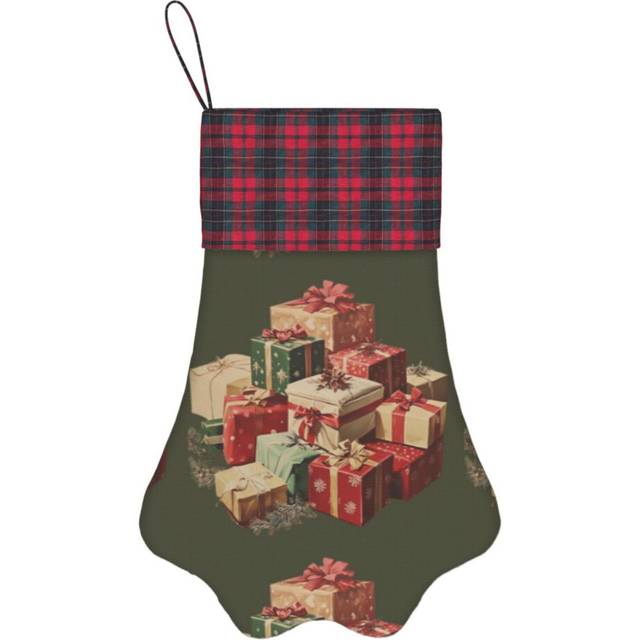 (Vintage Gift Pile=10708) Paw Christmas Stockings Buffalo Tartan Plaid for Cats Dogs Pet Hanging Xmas Tree Decorations