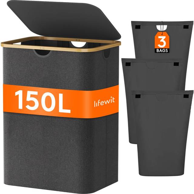 Lifewit 150L Laundry Basket with Lid 3 Section, Large Laundry Hamper with Bamboo Handles and Removable Laundry Bags, Clothes Hampers for Laundry for