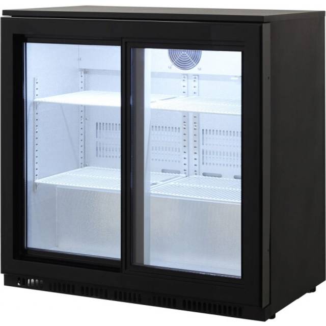 Cookology CCBF210BK Commercial 210 Litre Back Bar Beverage Cooler, Auto Defrost, LED Lights and Self Closing Sliding Doors - in Black