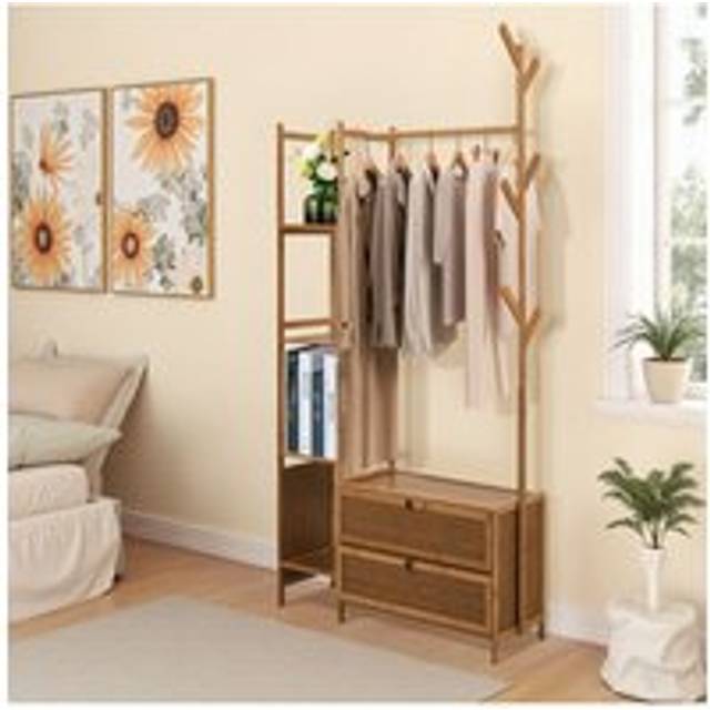 Living And Home Freestanding Bamboo Clothes Rack Garment Rack With Storage Shelves Coat Hanger Hanging Rod In Brown - One Size