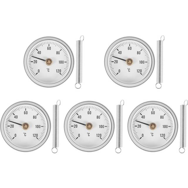 63mm Pipe Clip-on Dial Thermometer Temperature Round Plate Gauge with Spring,Range 0-120?, Aluminum Case, 5Pcs Set