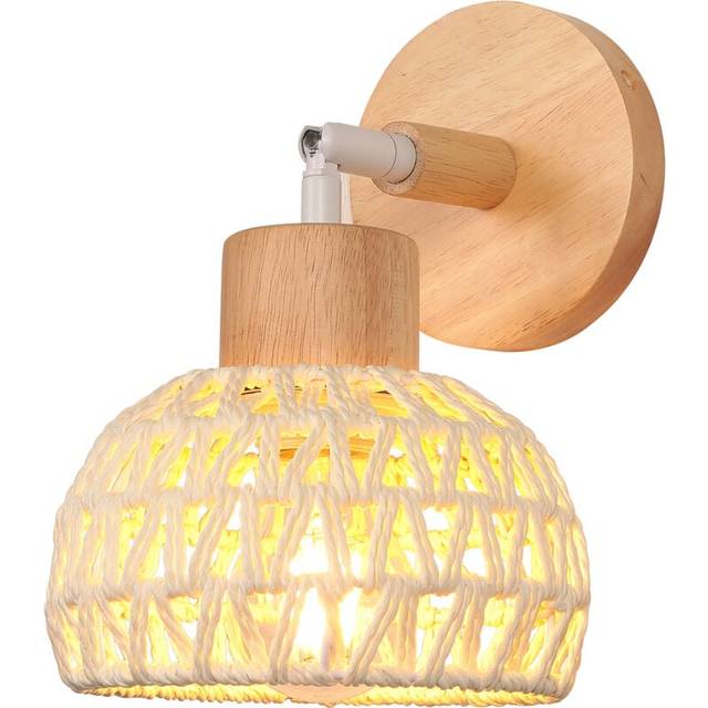 Indoor Wall Light 15CM Adjustable Wood Rattan Wall Lights Retro Vintage Wall Sconce E27 for Living Room Bedroom White