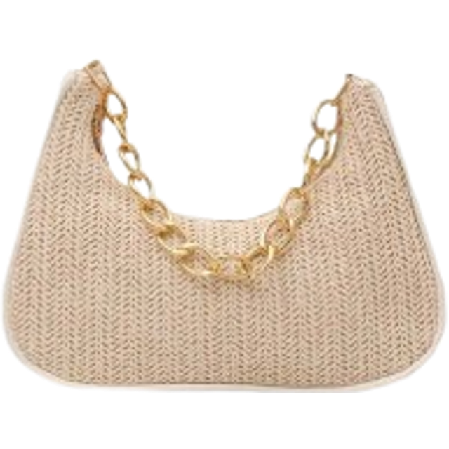 SHEIN Fashionable Solid-Color Metal Chain Straw Crescent Moon Tote Bag, Women&#39;s Multi-Purpose Handbag, Clutch, Beach Bag, Casual Straw Handbag, Phone Pouch