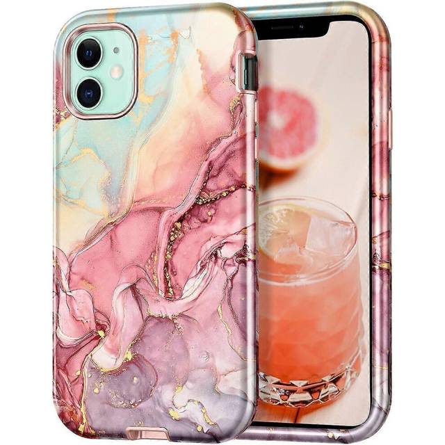(As show, One size) Compatible with iPhone 11 Case,Marble Pattern 3 in 1 Heavy Duty Shockproof Full Body Rugged Hard PC+Soft, Rose Gold
