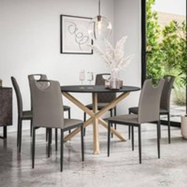 (Grey) Malvern Round Black Dining Table Set w Oak Legs w 4-6 Monza Faux Leather Chair