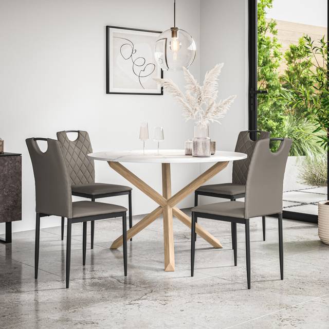 (Grey) Malvern Round Marble Effect Dining Table Set w Oak Legs w 4-6 Monza Chair
