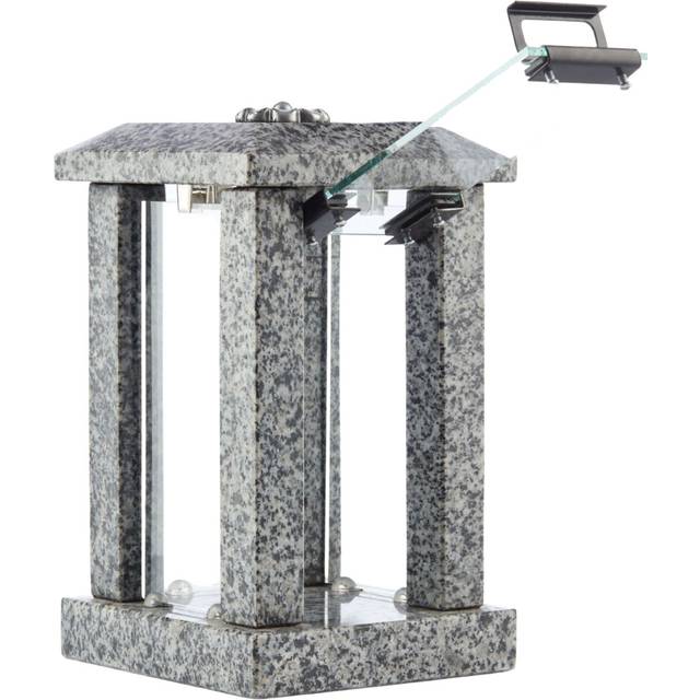(Grey, Flower) Granite Memorial Lantern - Large Graveside Outdoor Candle Lantern  for Garden or Cemetery - Grave Ornaments Modern Design