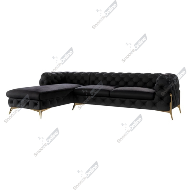 (Black, Left Hand Chaise) SnoozeOnline Velvet Chaise Lounge Chaise Chesterfield 3 Seat Corner Settee Sofa For Living Room