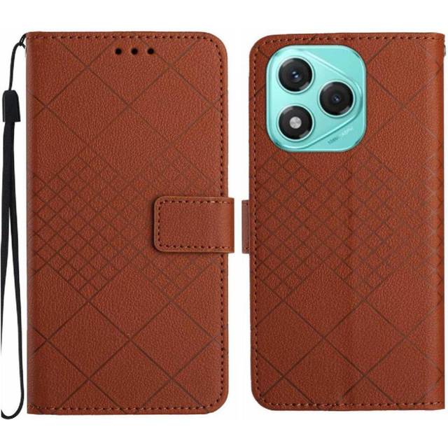 (Brown) Flip Case for Honor 400 Lite Wallet Pu Leather Diamond Embossed with Hand Strap Card Slot Stand Magnetic Cover