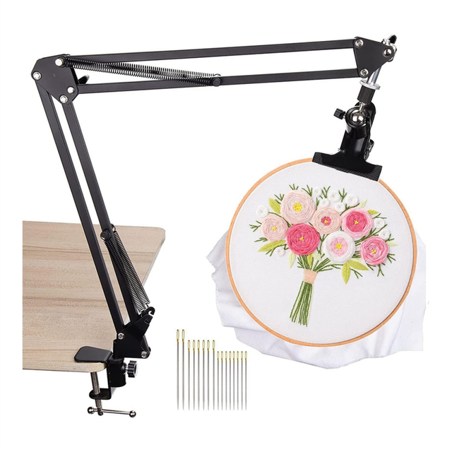 Adjustable Metal Embroidery Stand, 360Rotated Hoop Holder, with 16 Pieces Needles for Hand Work