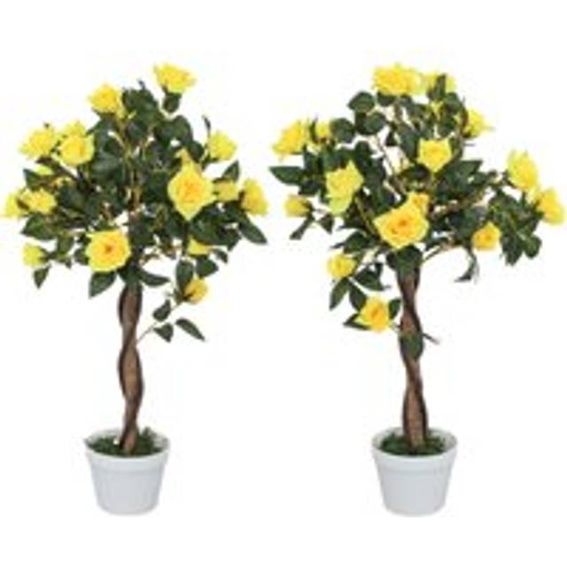 Outsunny Set of 2 90cm Artificial Rose Tree, Fake Decorative Plant, Yellow, Yellow