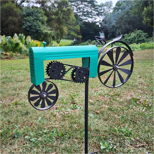 (Green) Metallic Kinetic Masterpiece Tractor Garden Wind Spinner - Self-Sustaining, Battery-Free, Whimsical Lawn Stake Decorative