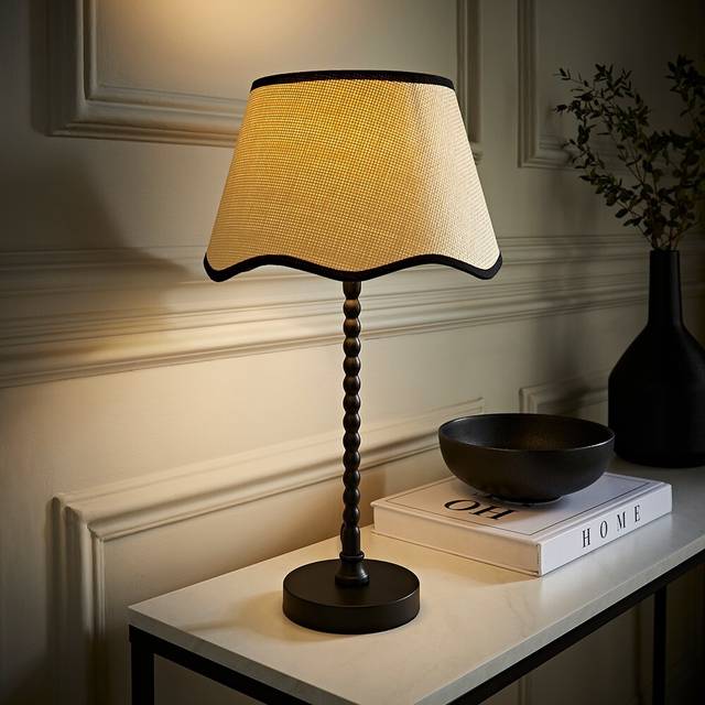 Valuelights Maeve Black Bobble Table Lampwith Black Trim Scallop Shade - Print