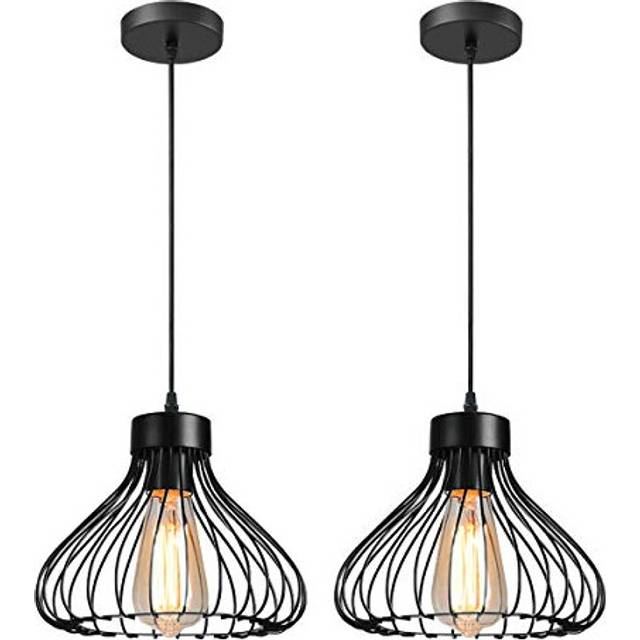 iDEGU Set of 2 Industrial Pendant Light Shade in Metal Cage Shape Black Vintage Chandelier for Kitchen, Dining Room, Living Room, Bedroom, Bar,